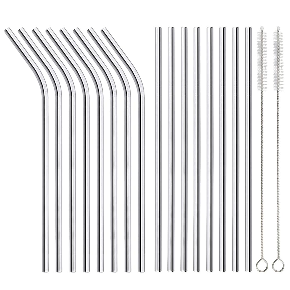 16 Pack Reusable Stainless Steel Metal Straws – 8 Straight 8 Bent 8.5 Inch with Cleaning Brushes