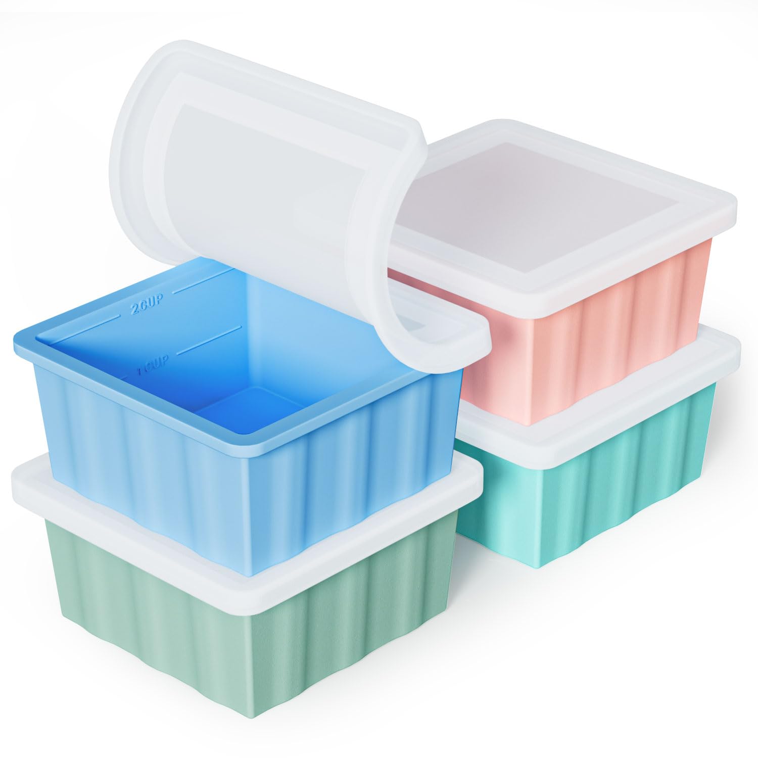 Silicone Freezer Soup Tray with Lid – 2 Cup Portion Ice Cube Trays 4 Pack for Meal Prep & Stock Freezing