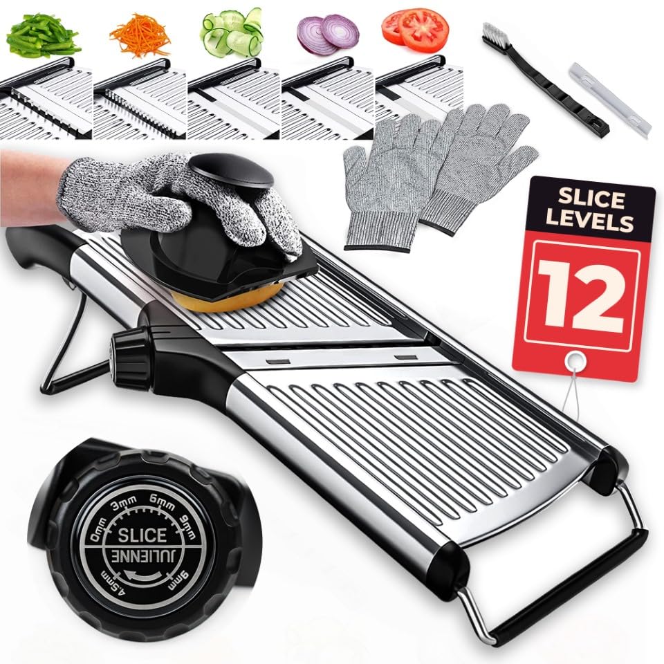 Adjustable Mandoline Food Slicer with Cut Resistant Gloves – Stainless Steel Vegetable & Fruit Cutter