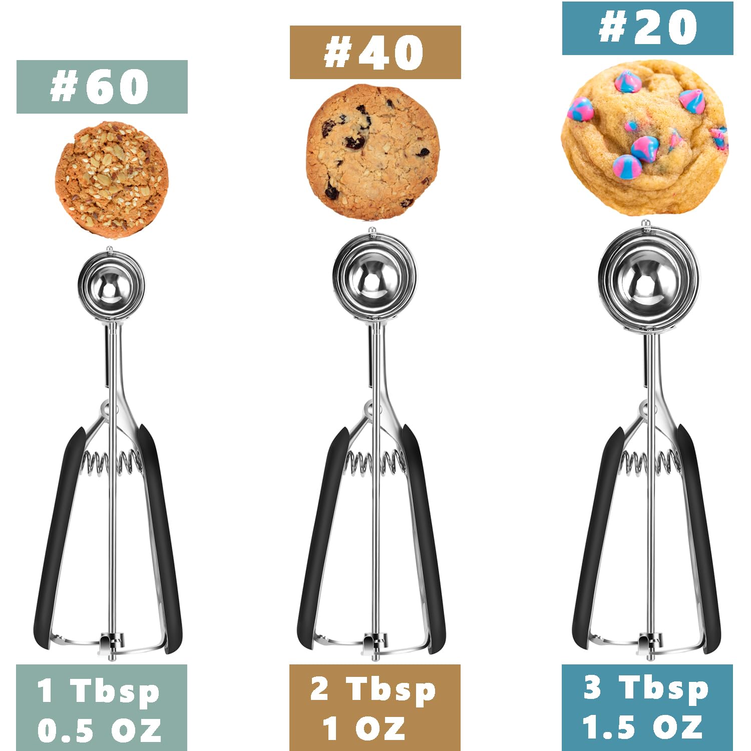 Cookie Scoop Set – 3 Sizes 1 Tbsp 2 Tbsp 3 Tbsp Stainless Steel Baking Scoops for Cookies Cupcakes & Ice Cream