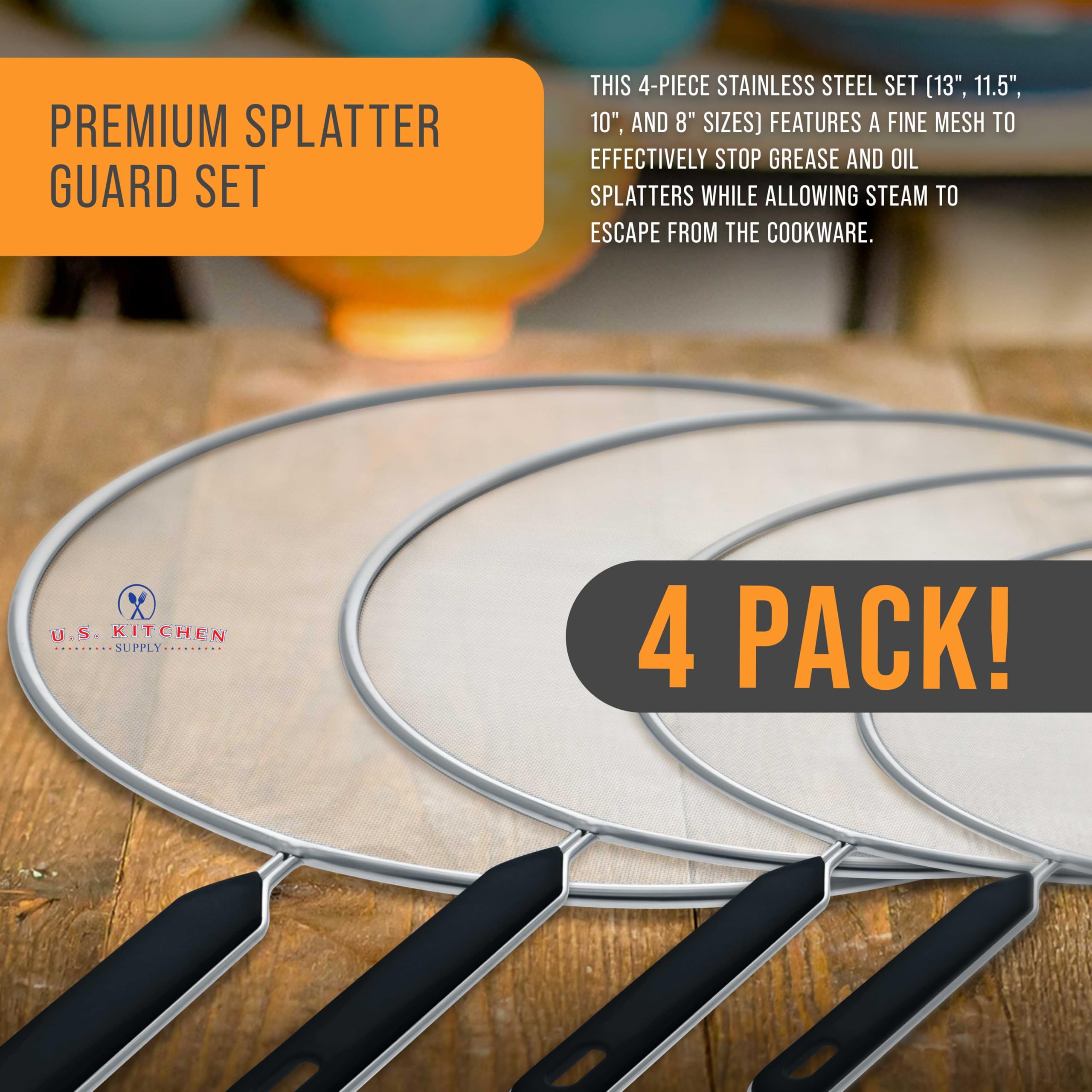 4 Piece Stainless Steel Splatter Guard Set – Fine Mesh Grease & Oil Frying Pan Screens with Handles
