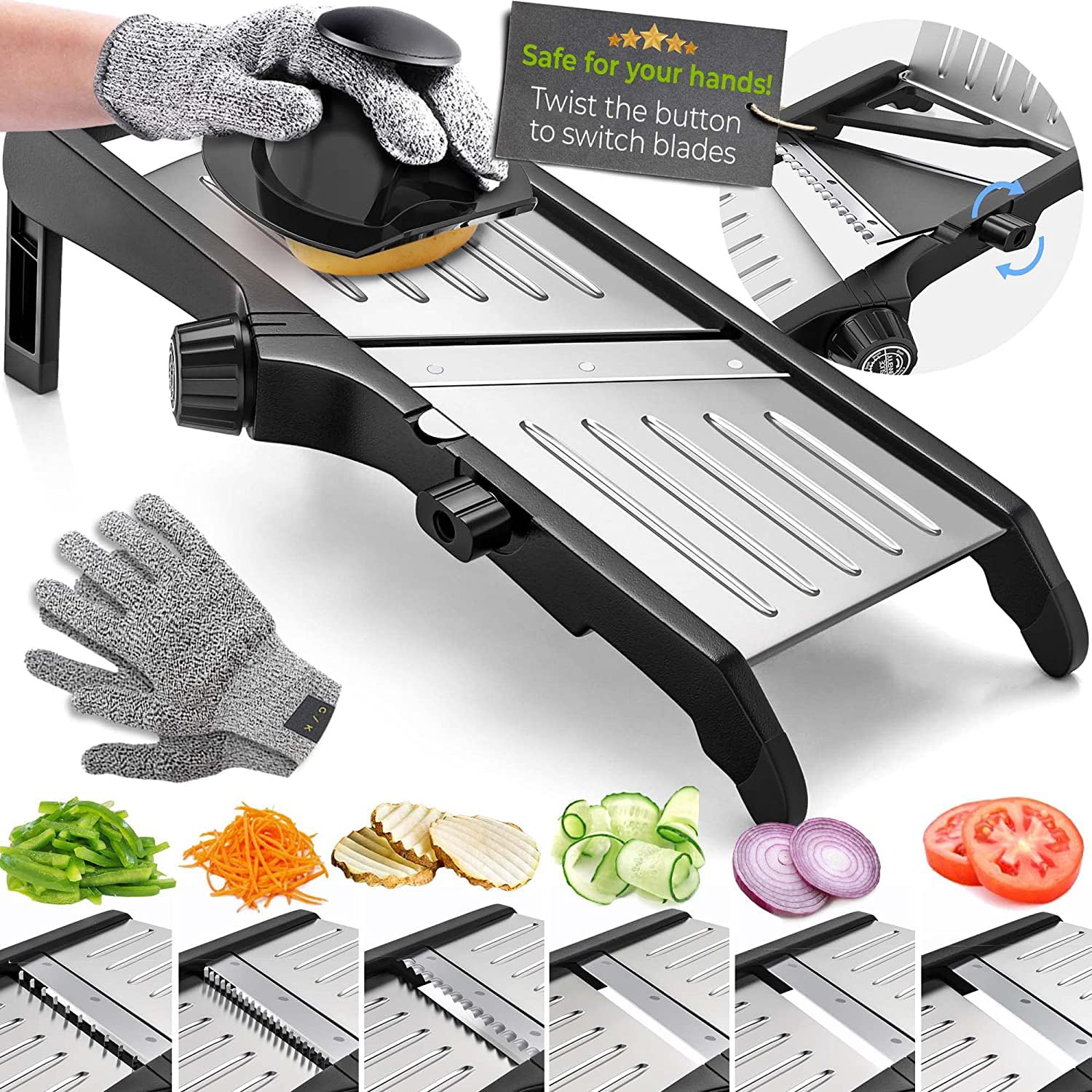 Adjustable Mandoline Food Slicer with Cut Resistant Gloves – Stainless Steel Vegetable & Fruit Cutter