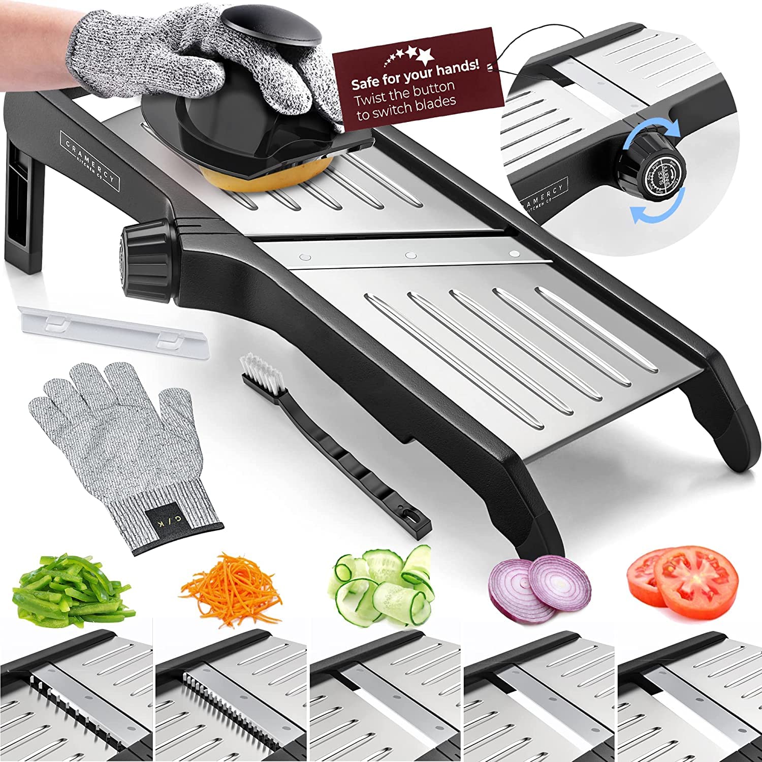 Adjustable Mandoline Food Slicer with Cut Resistant Gloves – Stainless Steel Vegetable & Fruit Cutter