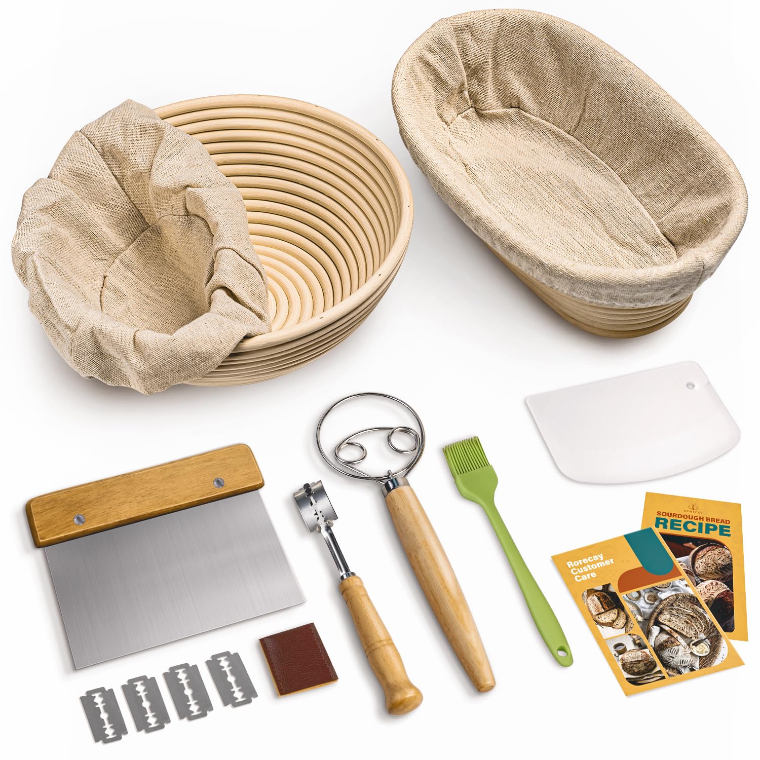 Bread Banneton Proofing Basket Set – 9 Inch Round & 10 Inch Oval Cane Sourdough Baking Kit with Tools