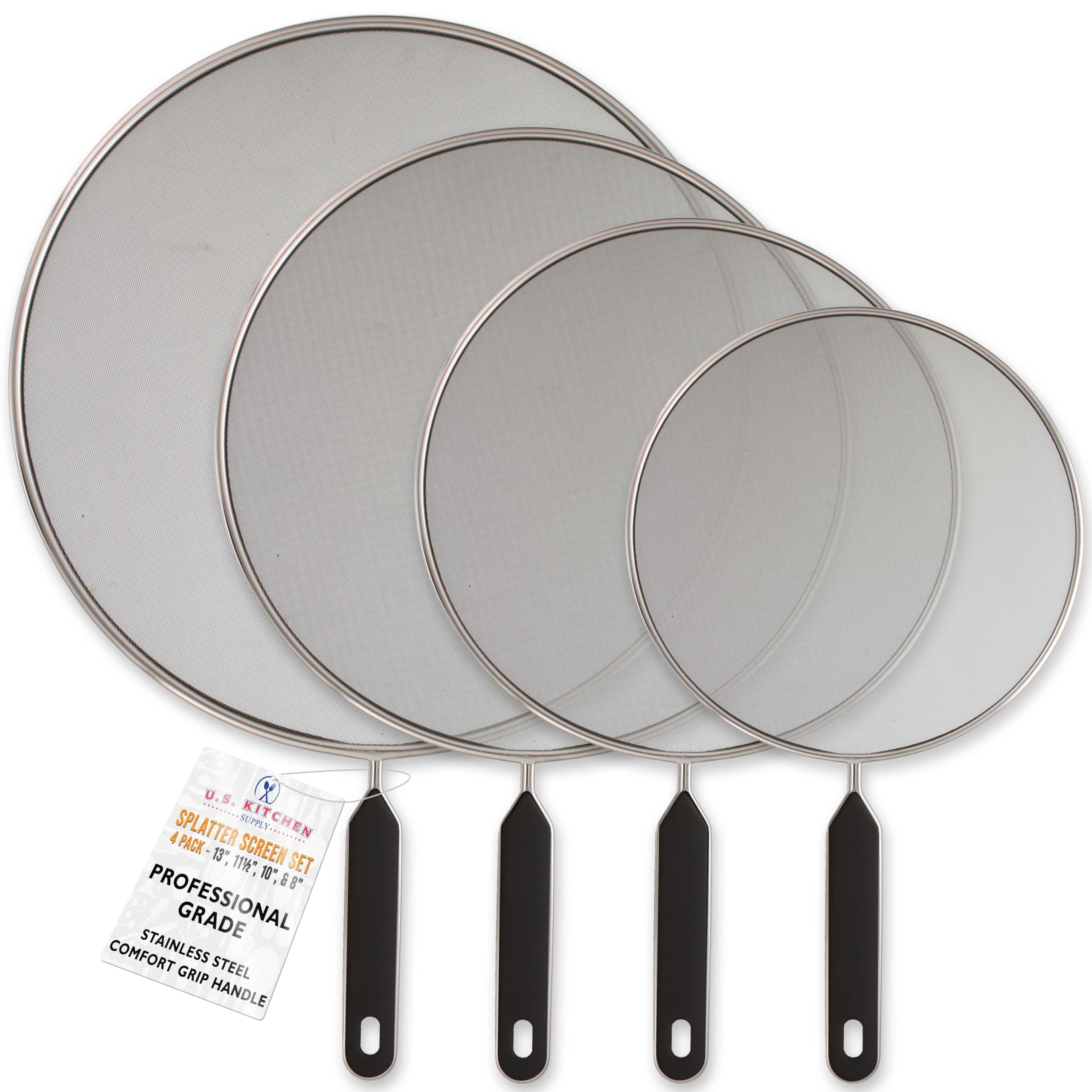 4 Piece Stainless Steel Splatter Guard Set – Fine Mesh Grease & Oil Frying Pan Screens with Handles
